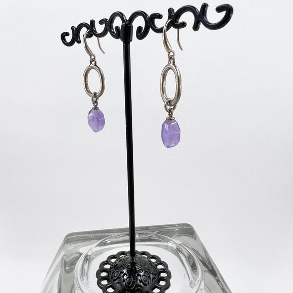 NWT -Ellen Tracy- Semi Precious Amethyst Antiqued Silver Tone Fishhook Earrings - Picture 3 of 6